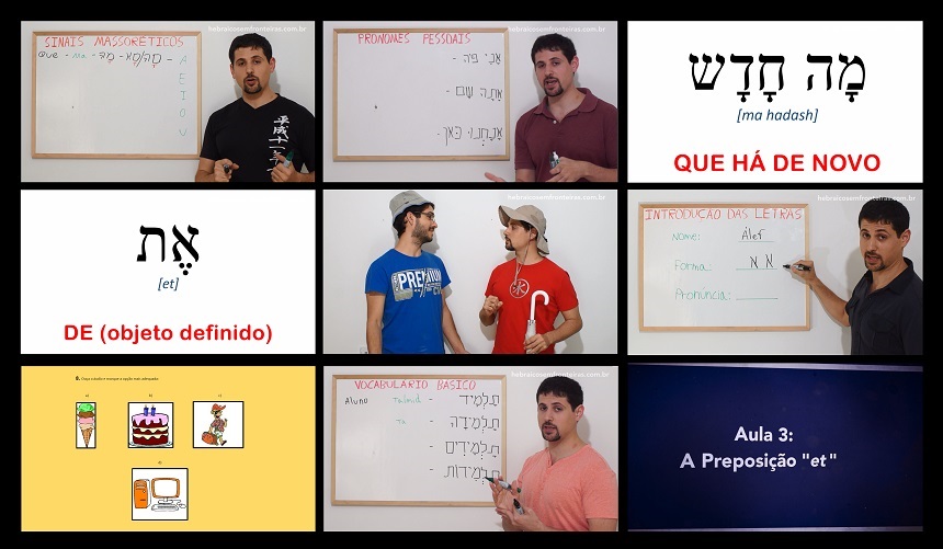 Frames com momentos do módulo iniciante do curso de hebraico.